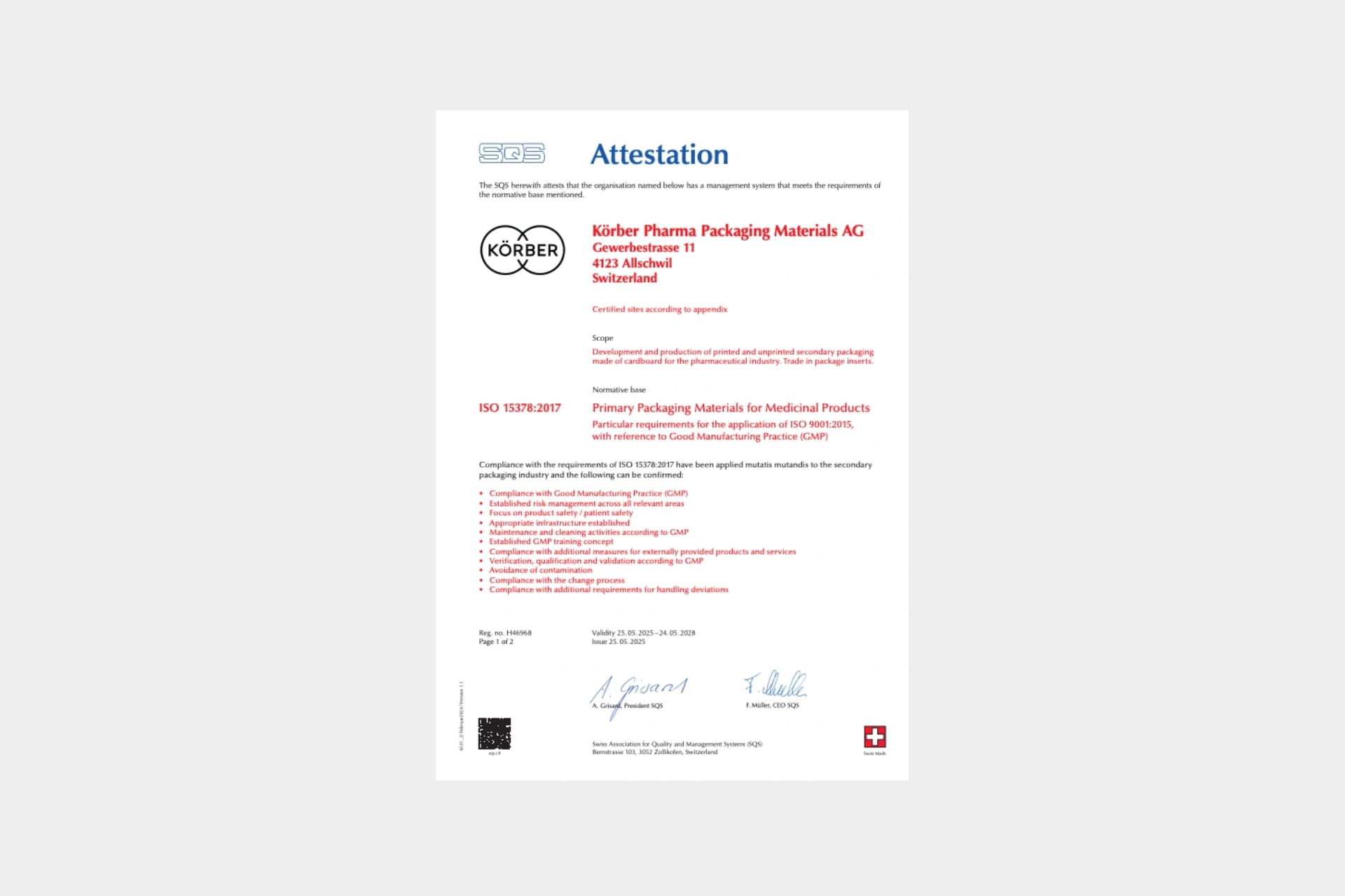 ISO 15378:2017 Zertifikat Deckblatt