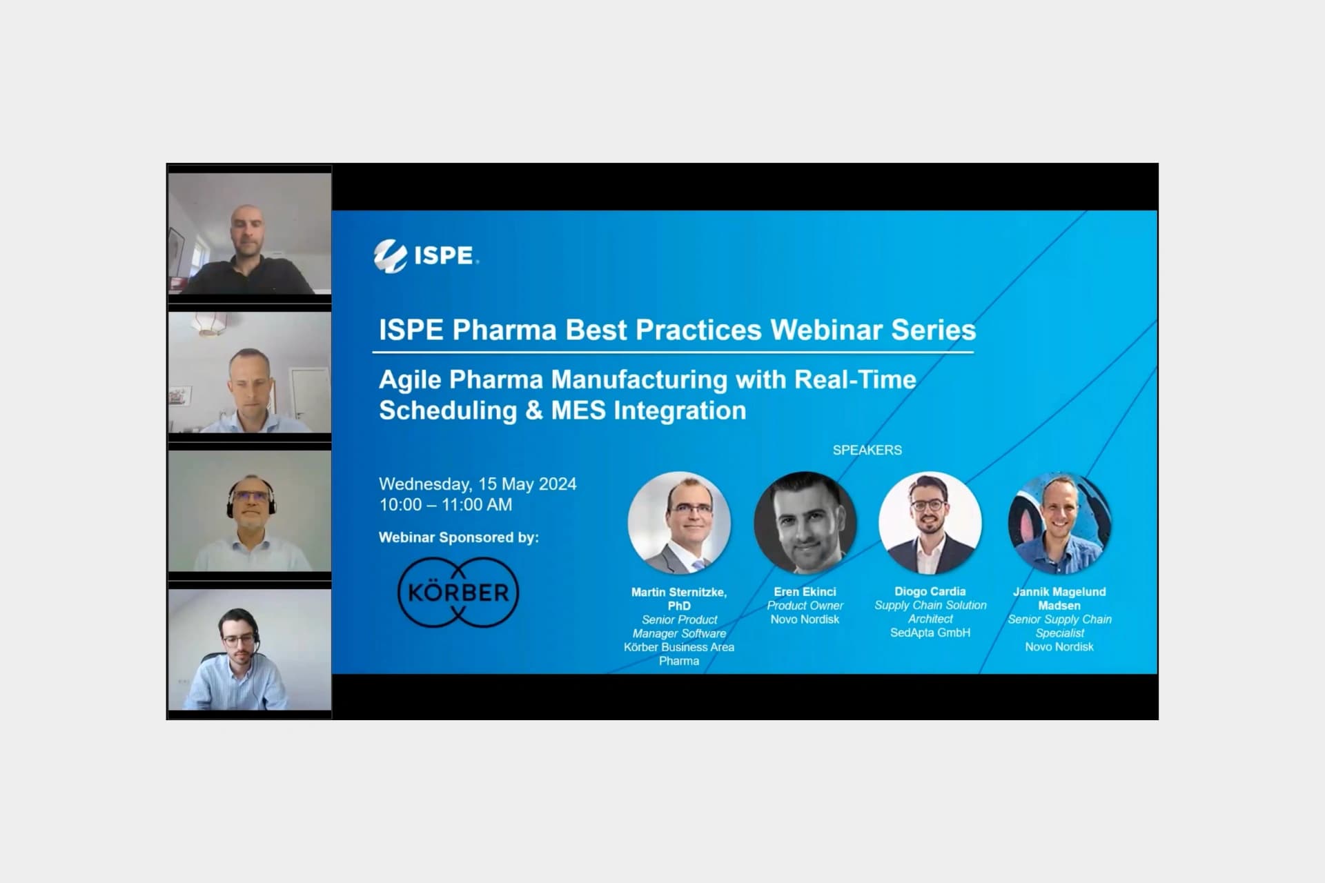 Screenshot of the webinar "Agile pharma manufacturing with real-time scheduling & MES integration”.
