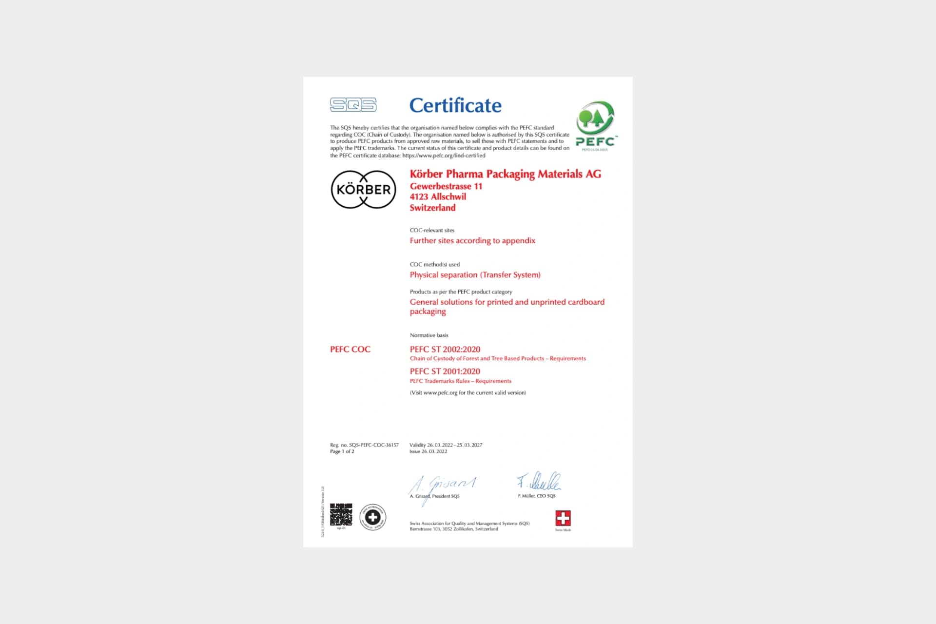 PEFC COC Certificate cover